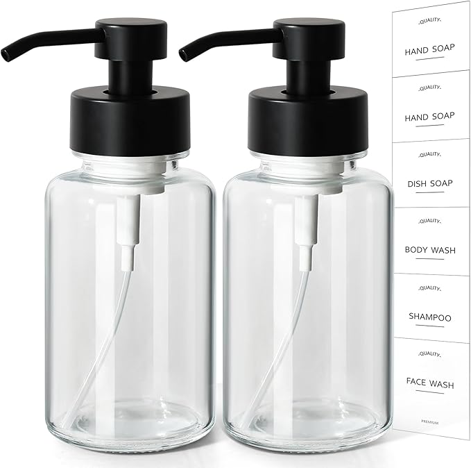 Foaming Hand Soap Dispenser, 14.1 oz/400ml Foaming Soap Dispenser, 2 Pack Glass Foaming Dispenser for Bathroom & Kitchen, Clear Refillable Liquid Dispenser Bottle with Waterproof Labels