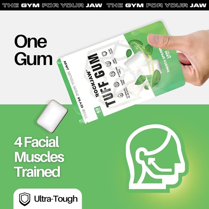 ROCKJAW® Tuff Gum | Ultra-Hard Jawline Chewing Gum for a Sharper Jawline | Vitamin B3, B5, B6 & B12 | 1350mg Xylitol | Sugar-Free | Aspartame-Free | 60 Pieces | Smooth Spearmint