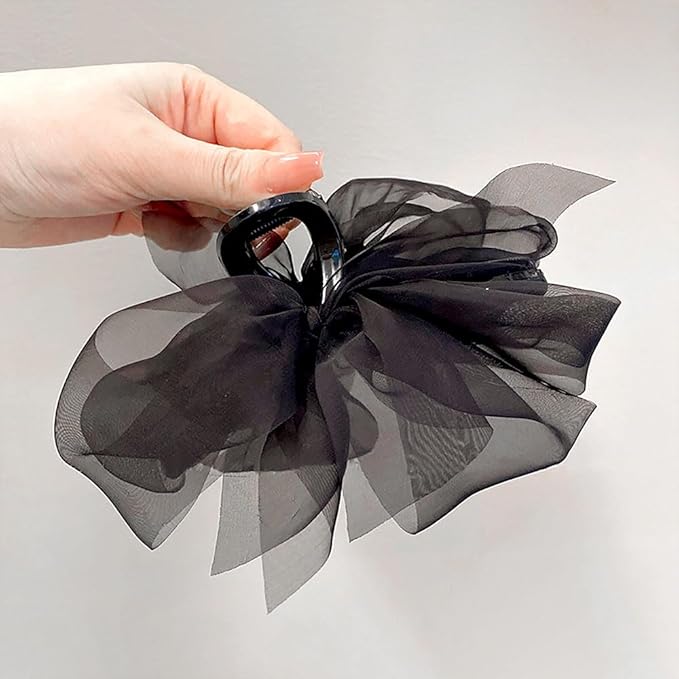 Black Mesh Tulle Bowknot Hair Claw Clips - Large Chiffon Clips for Women's Thick Hair, Elegant Hair Accessories