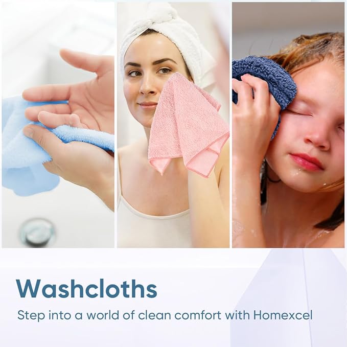 HOMEXCEL Microfiber Washcloths 12 Pack, Highly Absorbent and Soft Face Towel, Multi-Purpose Wash Cloths for Bathroom, Gym, Hotel, Spa and Kitchen, Multicolor 12x12 Inch