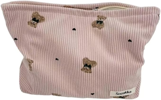 SxoSyo Makeup Bag for Women Cosmetic Bags Large Capacity Purse Travel Toiletry Zipper Storage Pouch Make up Brushes Organizer for Gifts (Corduroy Bear, Pink)