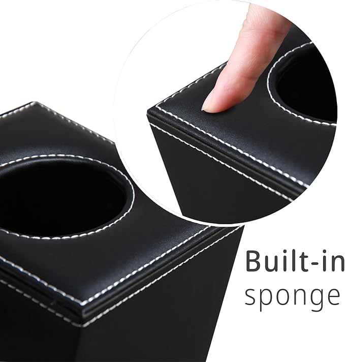 Leather Tissue Box Cover Square,Upgrade 99% Compatible Large Size,Modern Tissue Box Holder for Napkin Facial Paper,Dryer Sheet Dispenser Organizer for Bathroom Vanity Countertop,Night Stand Black