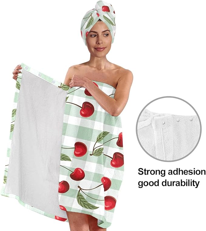 Cherry Print Bath Wrap Skirt and Hair Drying Cap Set – Absorbent Microfiber Shower Spa Towel with Elastic Non-Slip Closure, Quick Dry Lounge Gift (Cherry 5)