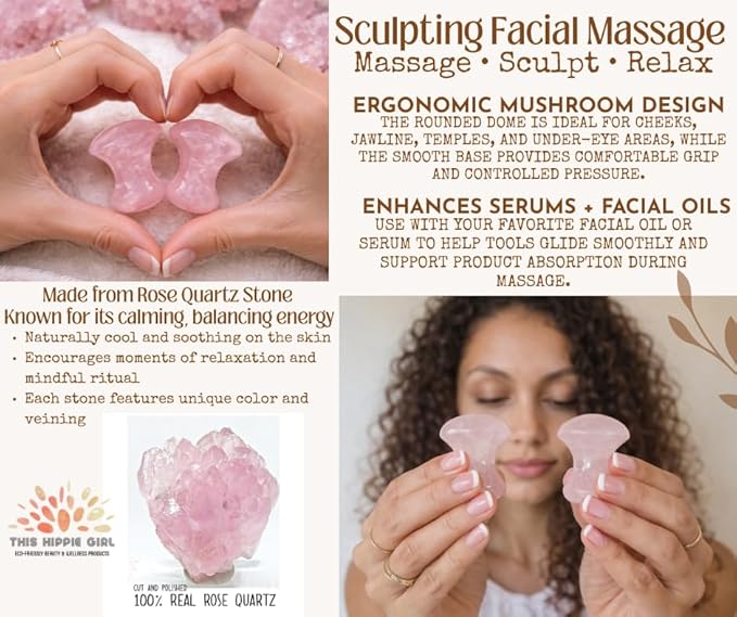 This Hippie Girl Gua Sha Mushroom Set, Jaw Sculpting Tools, A+ Rose Quartz Facial Toning and Yoga Sculpt Massage Tool, 2 Gua Sha Mushrooms for Skin and Facial Treatment, Facecare Tools