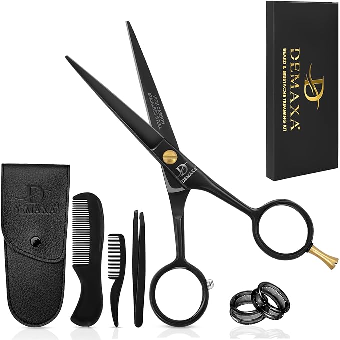 5" Professional Mustache Scissors Beard Scissors for Men with Fine tip Tweezers 1 Mustache Comb 1 Beard Comb & Pouch – Beard Trimming kit & Mustache Kit (Black Shears With Tweezer)