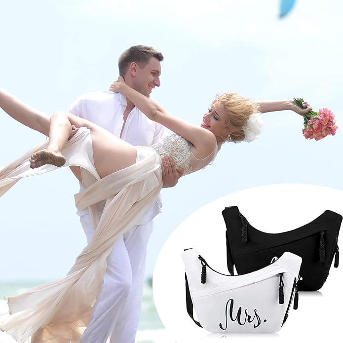 2 Pcs Wedding Gift Mr Mrs Crescent Bag Mr Mrs Travel Sling Crossbody Bag with Adjustable Strap for Bride Groom Couple Bridal Shower Engagement Bachelorette Party Honeymoon Gifts, Black White