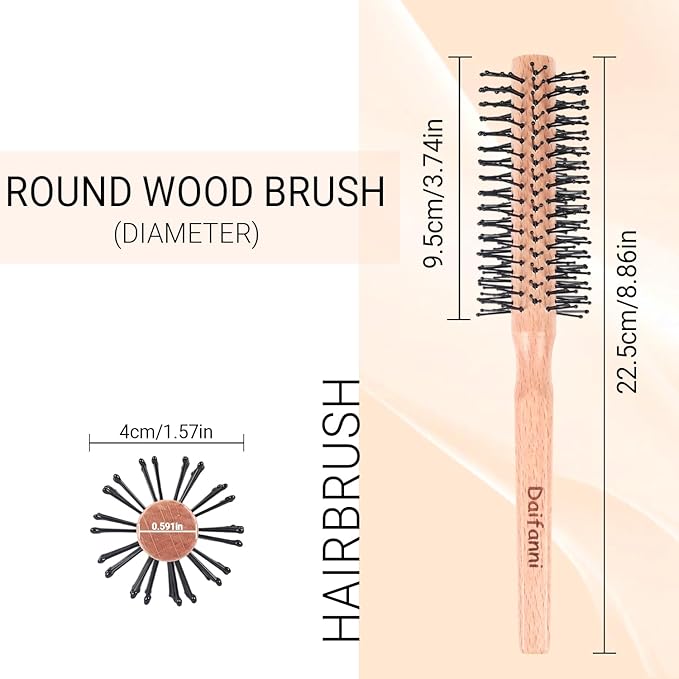 Small Round Brush for Blow Drying, Wooden Handle Roller Brush with Soft Nylon Bristles, Curling Hair Brush for Wet Hair, Bangs, Beard, Styling (Round)