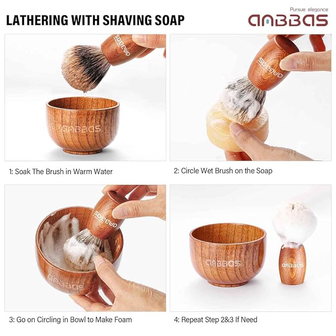 Anbbas Pure Badger Hair Shaving Brush Wood Handle and Large Soap Bowl with Stainless Steel Shaving Stand 3in1 Kit for Men