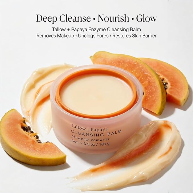 Tallow Cleansing Balm - With Grass-fed Beef Tallow, Papaya Enzyme | Waterproof Makeup Remover Balm | Natural Face Cleanser Oil | Sulphate Free | for sensitive skin, MADE IN USA - 3.17 oz/ 90 g (2 oz)