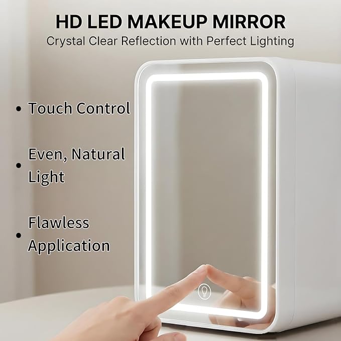 Lispin Mini Fridge for Bedroom, 4L Skincare Fridge with Dimmable LED Light Mirror for Dorm & Office, Portable Cooler & Warmer Small Compact Refrigerator for Skincare (White-4L（cold and warm）)