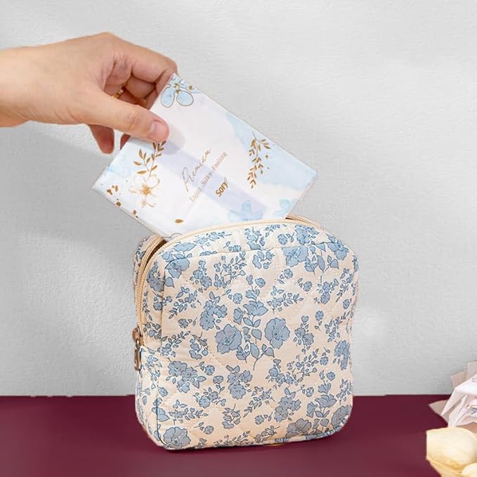 HAPPYHEIDI Quilted Nylon Drawstring Makeup Bag Set 2 Compartment Cosmetic Toiletry Travel Pouch, Purse Organizer, Creamy White Embroidery Bow