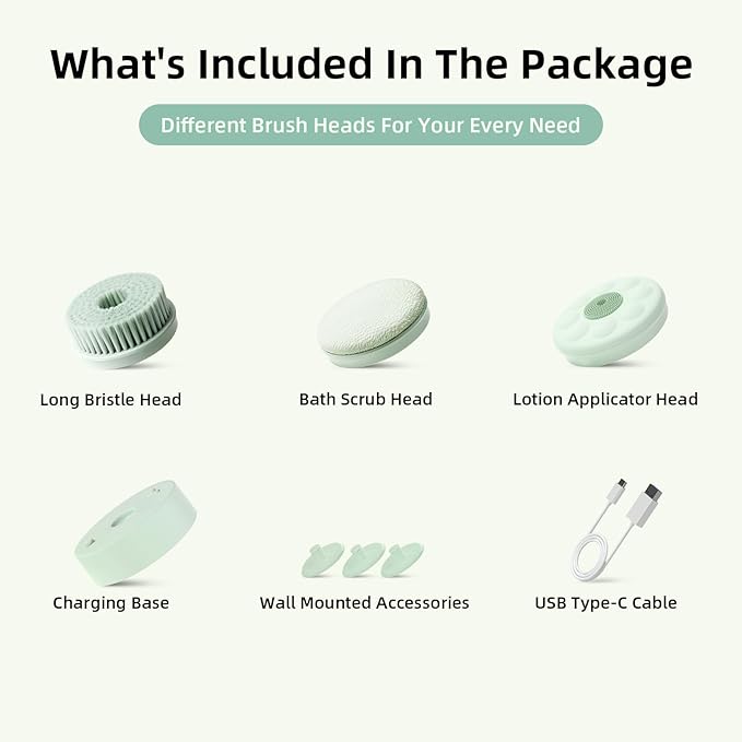 Electric Body Brush Back Scrubber for Shower, Waterproof Long Dual Handle Body Scrubber with 3 Heads, Bath Brush & 2 Speeds, for Cleansing, Exfoliating and Massaging Skin, Pale Cypress Green