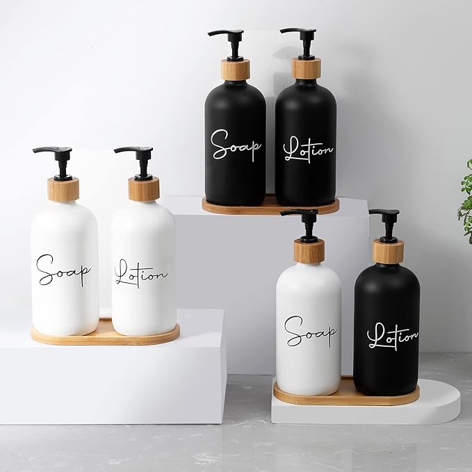 17 oz Hand Soap Dispenser Empty Glass Lotion Pump Bottles, Refillable Liquid Dish Soap Bottles for Bathroom Decor, Kitchen Sink, Matte Design and Wood Tray, Pack of 2, Black