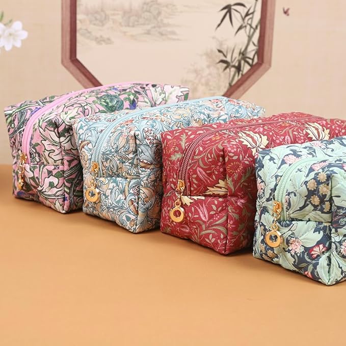 Floral Quilted Cotton Makeup Bag for Women, Large Capacity Travel Cosmetic Pouch with Zipper, Cute Toiletry & Brush Organizer, Kawaii Makeup Storage Case – Garden Light Blue