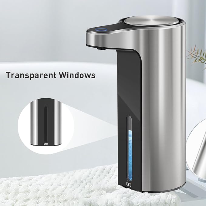 EKO Automatic Foaming Soap Dispenser, Touchless Foam Hand Soap Dispenser for Bathroom and Kitchen, Water-Resistant and Rechargeable, 9 fl oz, Modern Design for Homes and Offices (Stainless)