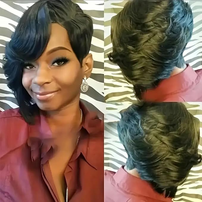 Adette Brazilian Remy Human Hair Pixie Cut Wig - Side Part and Layered 8 Inch Short Straight Style 180% Density with Rose Net Cap for Black Women