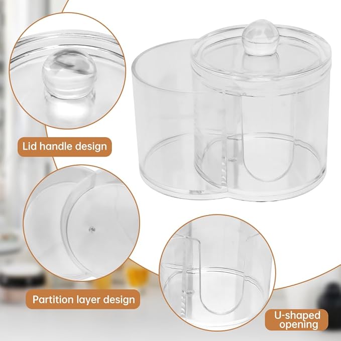 Q Tip Holder, 2-Grid Acrylic Cotton Swab & Cotton Pad Holder, 2 PCS Qtip Holder with Dustproof Lid for Bathroom,With 2 Pack of Qtips, Dressing Table Round Container