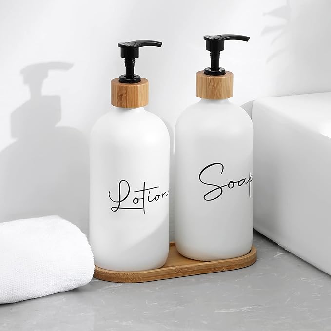 17 oz Hand Soap Dispenser Empty Glass Lotion Pump Bottles, Refillable Liquid Dish Soap Bottles for Bathroom Decor, Kitchen Sink, Matte Design and Wood Tray, Pack of 2, White
