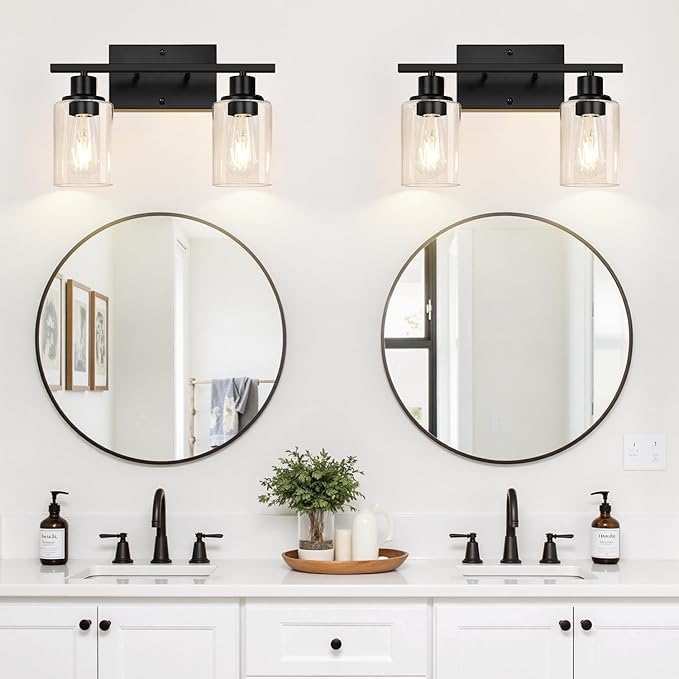 Matte Black 2-Light Bathroom Vanity Light with Clear Glass Shades — Modern Bathroom Light Fixtures & Vanity Lights for Mirror