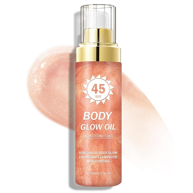 Shimmer Body Oil,SPF 45 Broad Spectrum,Shimmer Sunscreen with Rose Gold Mica,Lightweight Non-Sticky Body Glow Oil,Absorbs Quickly,3.72 fl oz,ROSE