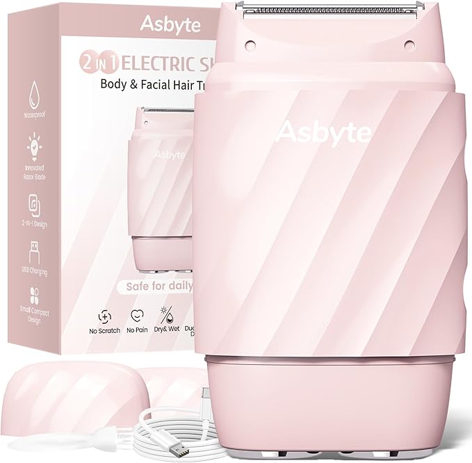 4-in-1 Electric Razor for Women, Bikini Trimmer & Facial Hair Remover, Rechargeable Cordless Dual-Head Shaver, IPX7 Waterproof, Painless & Hypoallergenic for Sensitive Areas, Pink