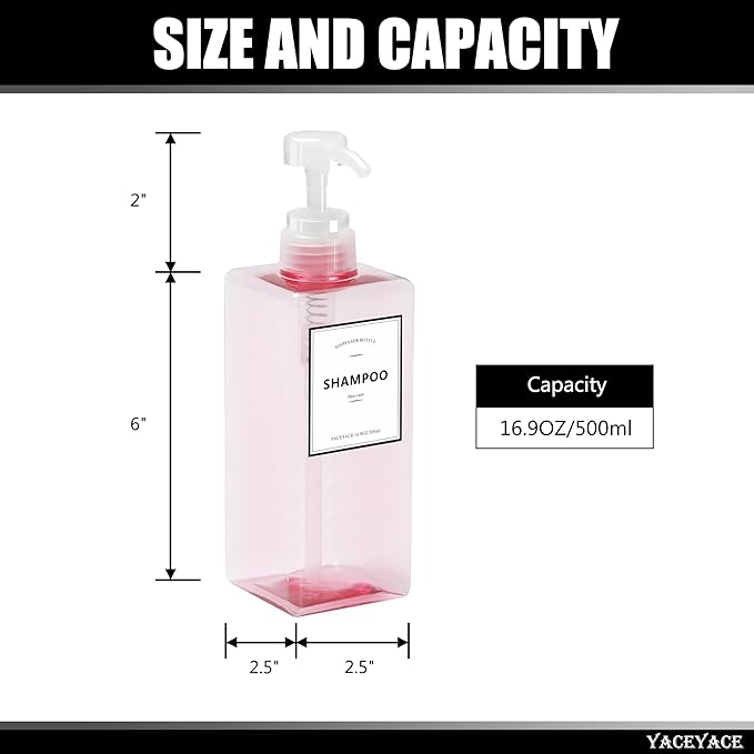 Pink Shampoo and Conditioner Set of 3, 16.9oz Clear Shampoo Bottles with Pump Dispenser, Body Wash Dispenser, Shower Bottles