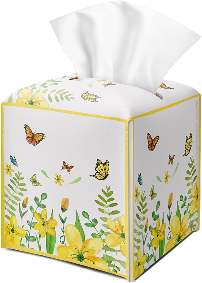 Yellow Floral Butterfly Tissue Box Cover Square with Bottom Belt, Leather Waterproof Tissue Holder Facial Paper Case for Tabletop Home Office Bathroom Car Decor -06