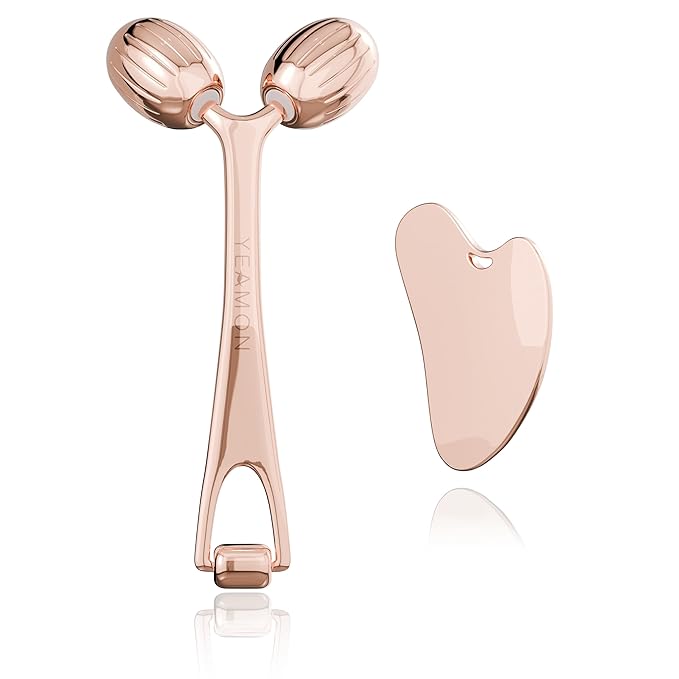 Yeamon Gua Sha Facial Tools and Face Roller Set, Facial Massage Tool for Women’s Skincare Routine,Cooling Stainless Steel Face Sculpting Eyes Roller Guasha for Daily Use or Self-Care Gift for Women