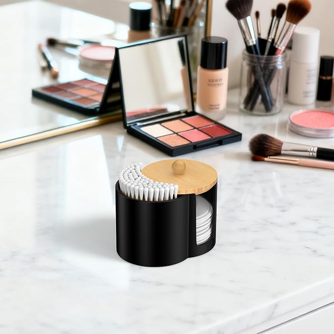 Cotton Pad Swab Holder, Q tip Holder Round Makeup Pads Dispenser Small Plastic Swabs Dispenser with Lid, Bathroom Accessories Storage Organizer for Floss Picks, Black
