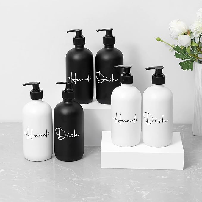 17 oz Hand Soap Dispenser Glass Liquid Dish Soap Bottles, Refillable Empty Lotion Pump Bottles for Bathroom Decor, Kitchen Sink, Matte Design, Black + White, Pack of 2