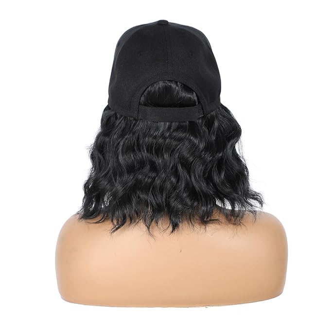 GUOJIAN Hat Wigs for Women 6' Short Wave Baseball Cap Wigs with Curly Hair Extensions Synthetic Wave Wig Adjustable Hat with Hair Attached for Daily Use (1B, 6inch)