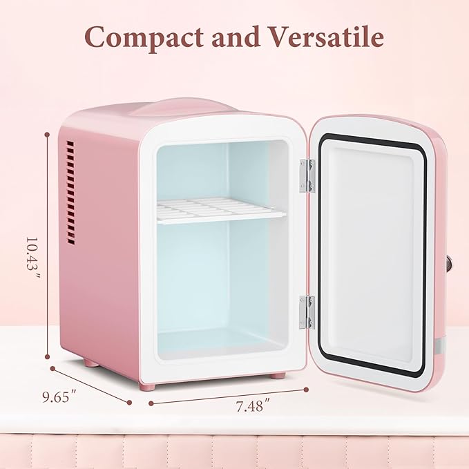 Xbeauty Retro Mini Fridge, Compact Refrigerator with 4L Capacity/6 Cans，Cooler & Warmer, Removable Shelf for Skincare, Beverages, Cosmetics, Perfect for Dorm, Bedroom, Pink