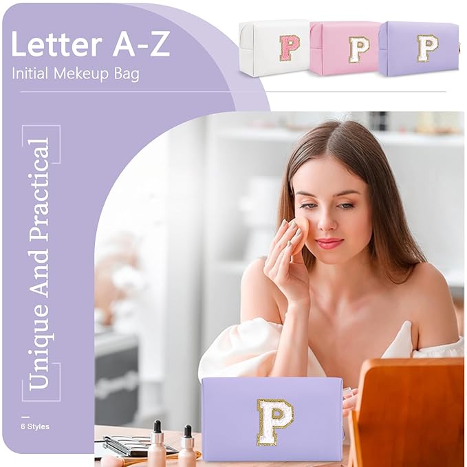 Personalized Makeup Bag Initial A-Z Preppy Patch Bag,Small PU Leather Travel Cosmetic Bag Pouch with Zipper,Purple Cute Toiletry Bag,Gift Ideal for Teen Girls Women Birthday Friend Mom,Latter P