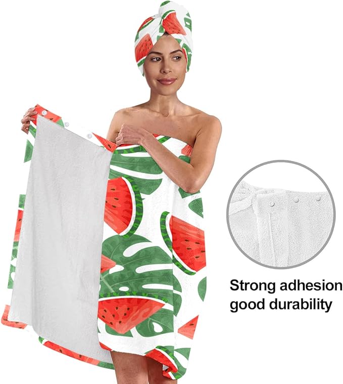 Watermelon Leaf Print Bath Wrap and Hair Drying Towel Set for Women – Microfiber Quick Dry Shower Body Wrap, Absorbent Spa Skirt with Elastic Band (Watermelon 3)