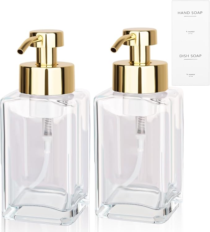 Foaming Soap Dispenser with Stainless Steel Pump, 12oz Refillable Glass Liquid Dish Soap Bottles for Bathroom, Kitchen Sink, Home Decor, 2 Pack