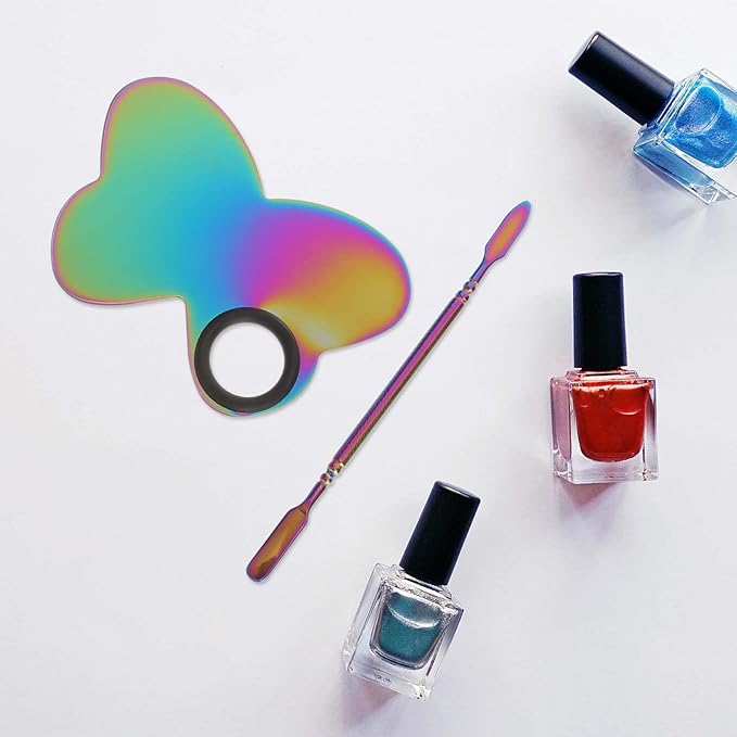 Butterfly Nail Art Palette with Stainless Steel Makeup Spatulas for Cosmetic and Nail Color Mixing at Home or Salon