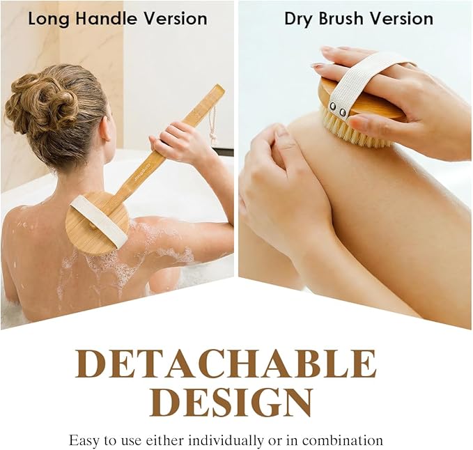 Detachable Dry Brushing Body Brush Natural Boar Bristle Back Scrubber for Shower with Long Handle for Exfoliation and Lymphatic