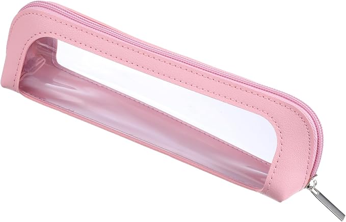 Small Clear Makeup Bag, PU Leather Travel Makeup Brush Bag Portable Transparent Waterproof Cosmetic Organizer Pouch with Zipper for Women Home Travel Office Cosmetic Storage (Pink)