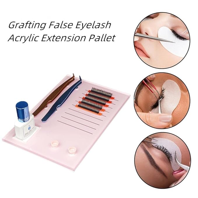 Acrylic Eyelash Grafting Pallet, Lash Tile holder, Bigger Size Glue Cups Eyelash Extensions Storage Gasket Pads with Magnetic Suction for 2 Tweezers (Pink-7.87x5.12in)
