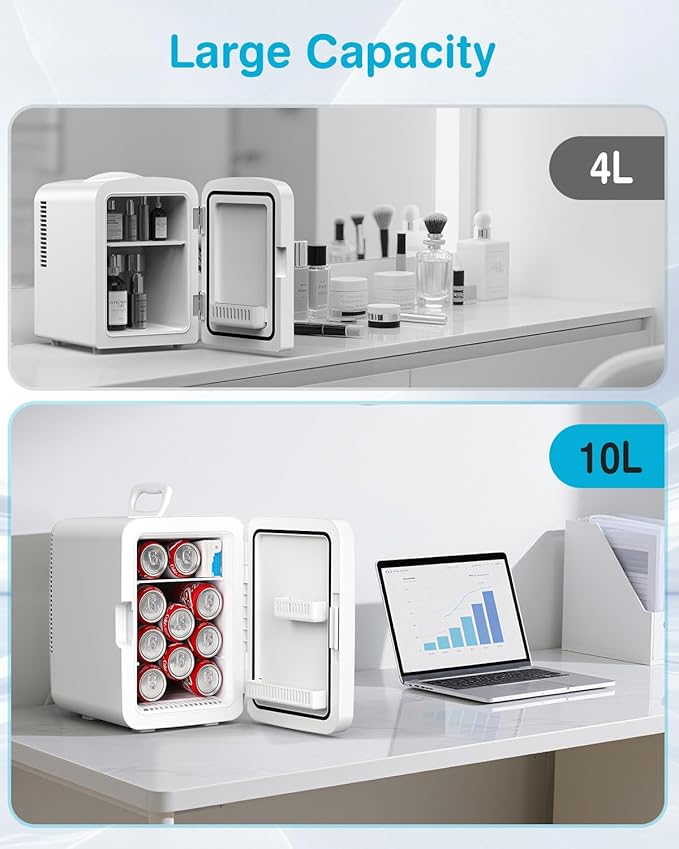 Antarctic Star Compact Mini Fridge, 10L Portable Small Refrigerator, 2.6 Gal Mini Fridge with AC/DC Adapters, Small Cosmetics Cooler for Beverage, Food, Makeup, Bedroom, Office, Dorm, White