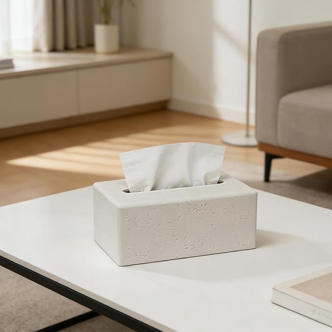 Tissue Box Cover Rectangle, Resin Decorative Facial Tissue Holder Covers Toilet Paper Holder Travertine Stone Look Paper Dispenser Home Decor for Bathroom Bedroom Living Room Office - Off White