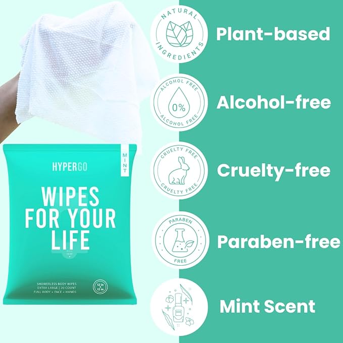 HyperGo XL Body Wipes for Women & Men – 12" x12" Rinse-Free Full Body Cleansing Wipes 20 Count Pack - Mint | Biodegradable, Hypoallergenic, Aloe-Infused | Gym, Festival, Camping Essentials