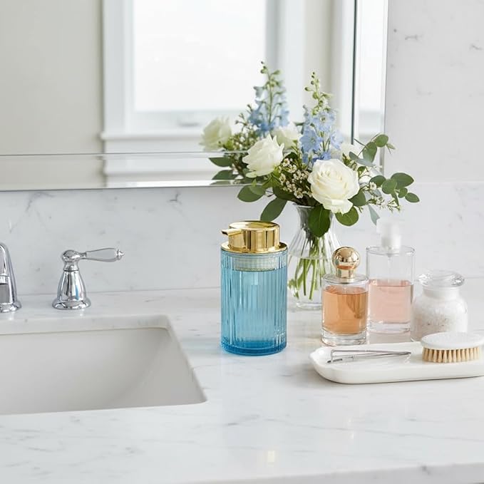 Foaming Soap Dispenser, 12 Oz Blue Glass Foam Hand Soap Dispenser, Refillable Glass Foam Pump Bottle Container Decorative Slim Ribbed Bottle for Bathroom and Kitchen