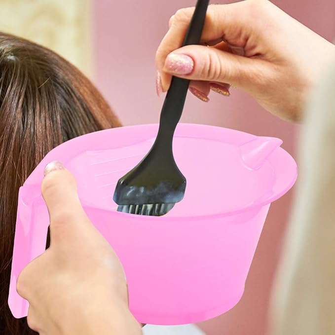 Hair Color Mixing Bowl, 3pcs Plastic Hair Dye Bowl with Handle Color Mixing Tint Bowl Hair Color Mixing Tool for Salon Hairdressing, Pink