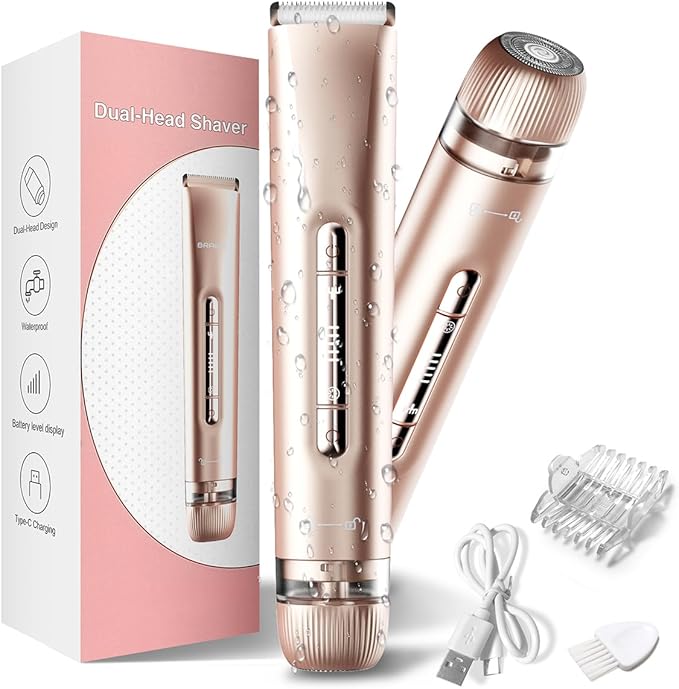 Bikini Trimmer for Women,2 in 1 Womens Electric Razors,Dual Head Shaver for Women Lady Facial Pubic Legs Private Area Body Hair,IPX7 Waterproof Wet & Dry