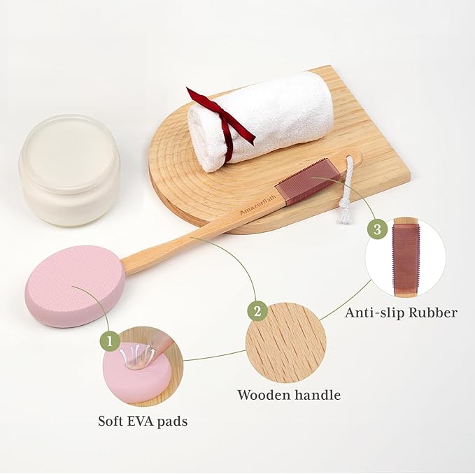 AmazerBath Lotion Applicator for Back, Feet, 2 Replacement Pads with 17" Curved Handle, Back Sunscreen Applicator for Kids, Elderly, Women, Apply Cream Medicine Moisturizer Tanner, Pink