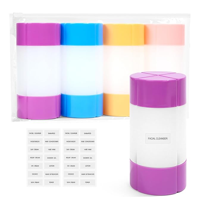 Olatay 4-in-1 Leak-Proof Travel Bottle ,4x60ml/2oz,with 2 Pre-printed Labels for Travel,Gym,Camping, Carry-On Toiletries Shampoo Lotion Bottle (Pink+Blue+Purple+Orange)