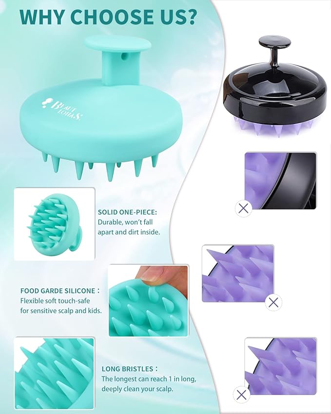BEAUTLOHAS Silicone Scalp Massager Shampoo Brush, Shower Scrubber with Soft Bristles, Hair Growth & Dandruff Treatment, Wet/Dry Hair Massager for All Hair Types (Green)
