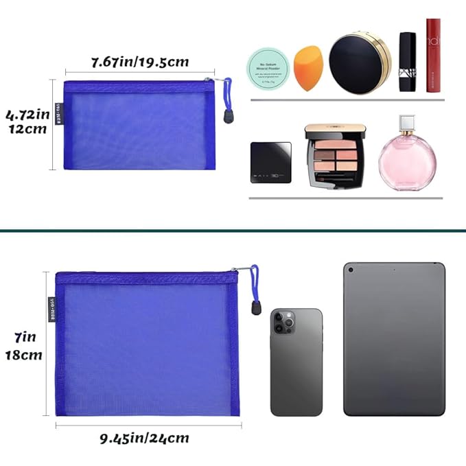 6 Pack Mesh Cosmetic Bags, Nylon Makeup Pouches with Zipper for Home Office Purse Diaper Bag (Blue)