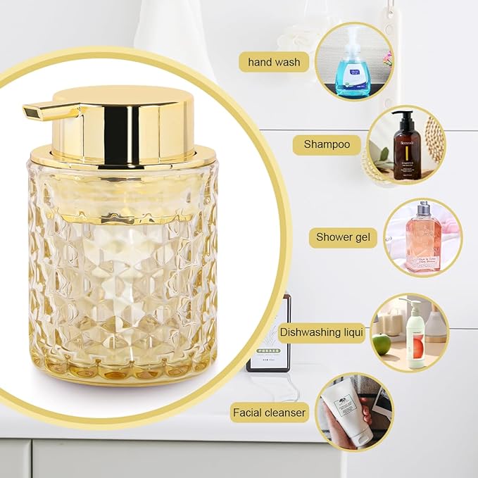 Amber Foaming Soap Dispenser, Glass Soap Dispenser with Gold Pump, Bathroom Refillable 10 Oz Lotion Shampoo Pump Container Vintage Diamond Bottle for Bathroom and Kitchen